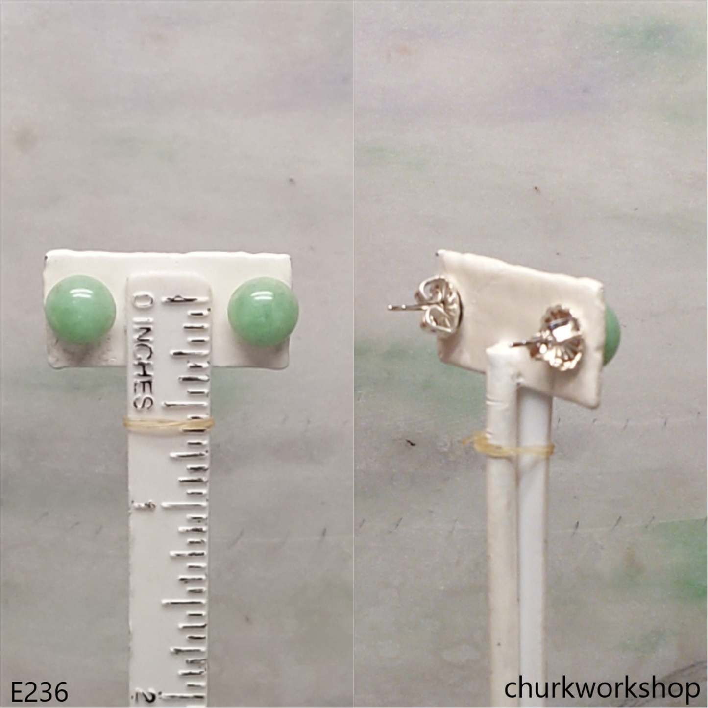 Light green jade half bead silver ear studs
