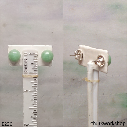Light green jade half bead silver ear studs