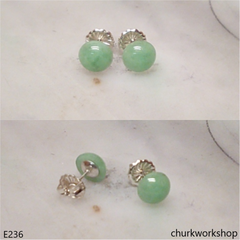 Light green jade half bead silver ear studs