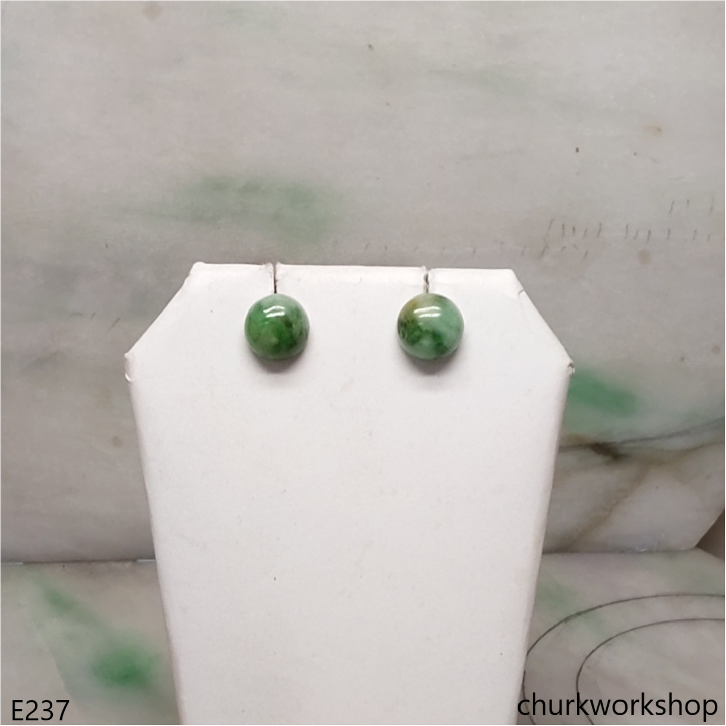 Green jade half bead 14K ear studs