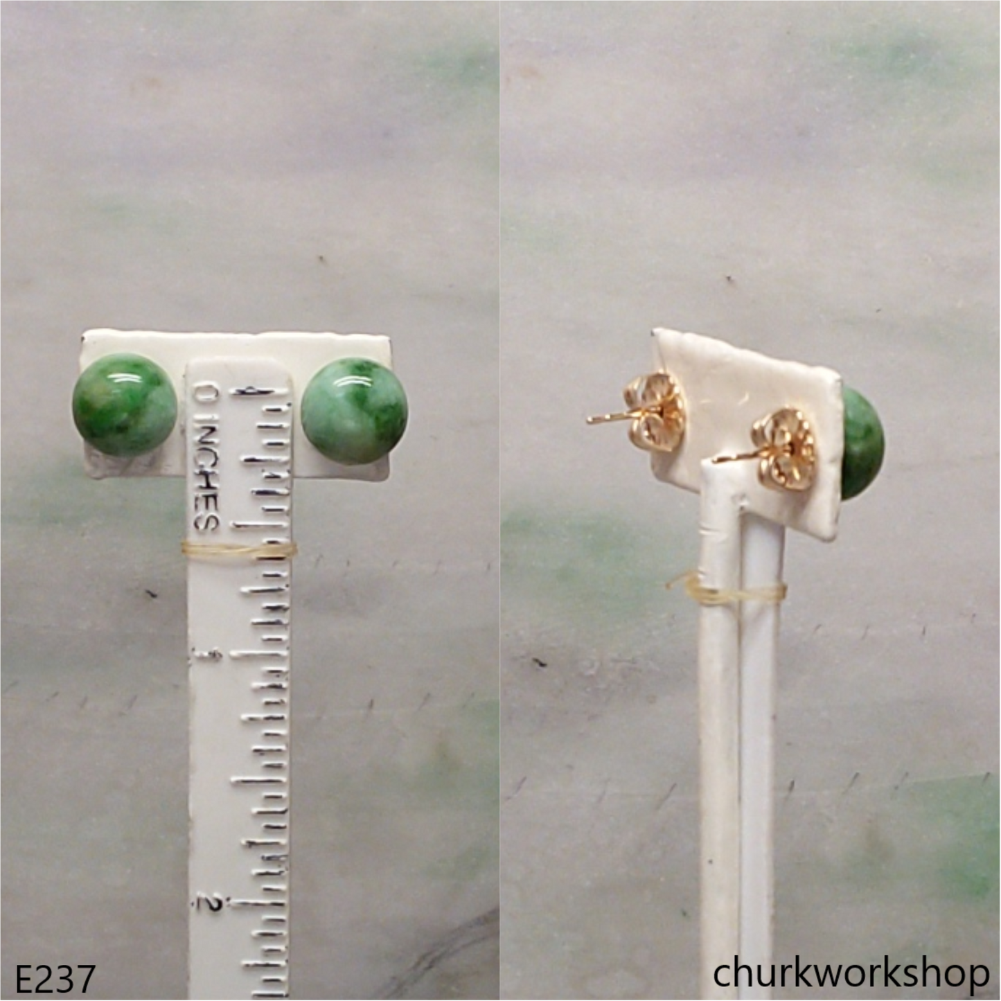 Green jade half bead 14K ear studs