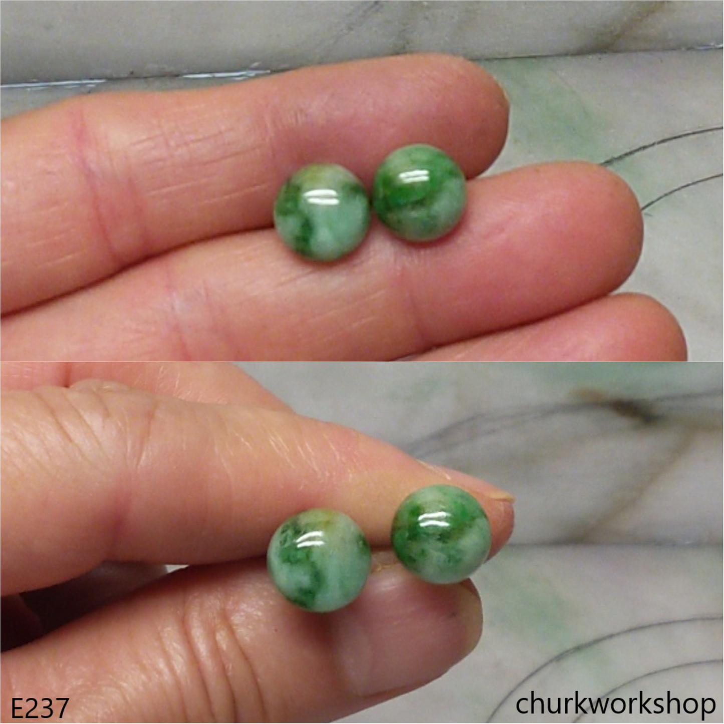 Green jade half bead 14K ear studs
