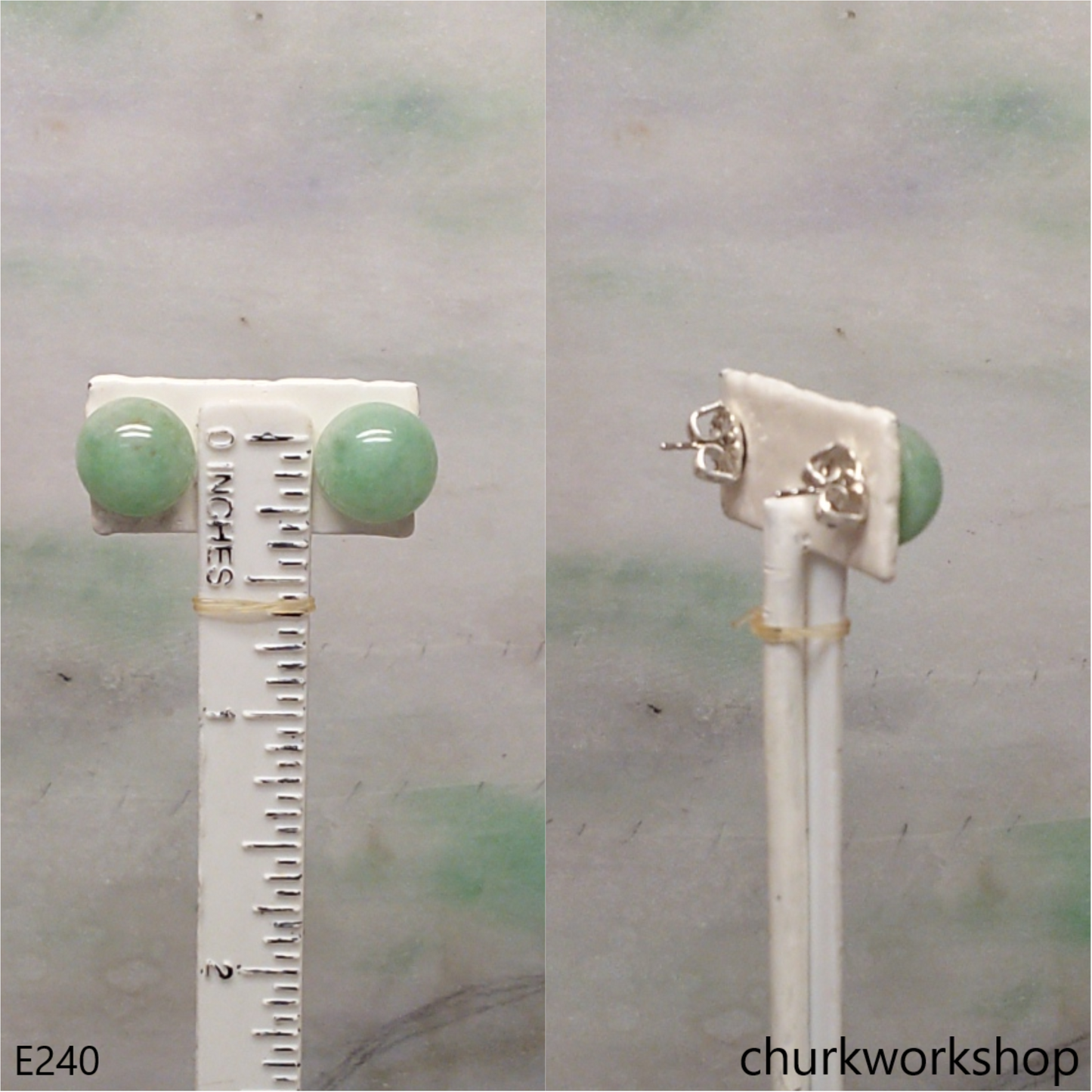 Light green jade half bead silver ear studs