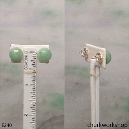 Light green jade half bead silver ear studs