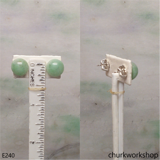 Light green jade half bead silver ear studs