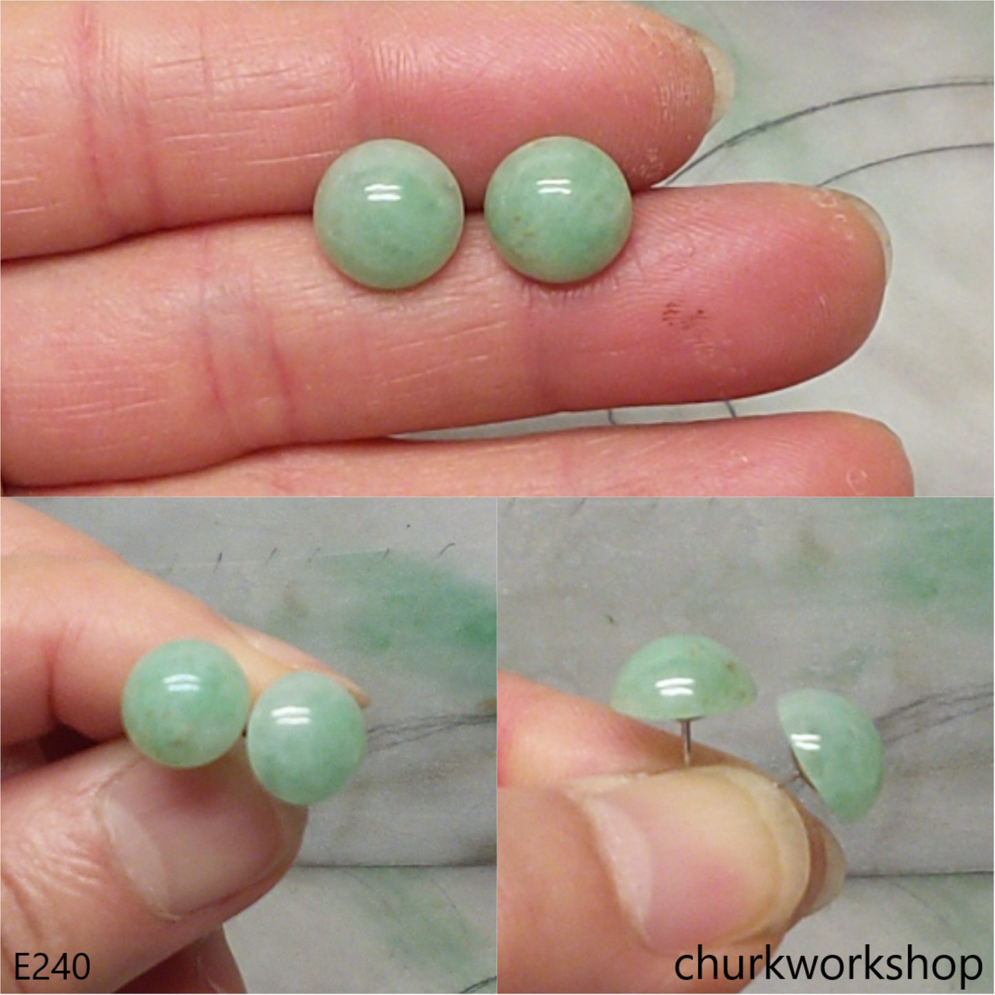 Light green jade half bead silver ear studs