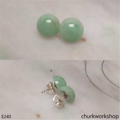 Light green jade half bead silver ear studs