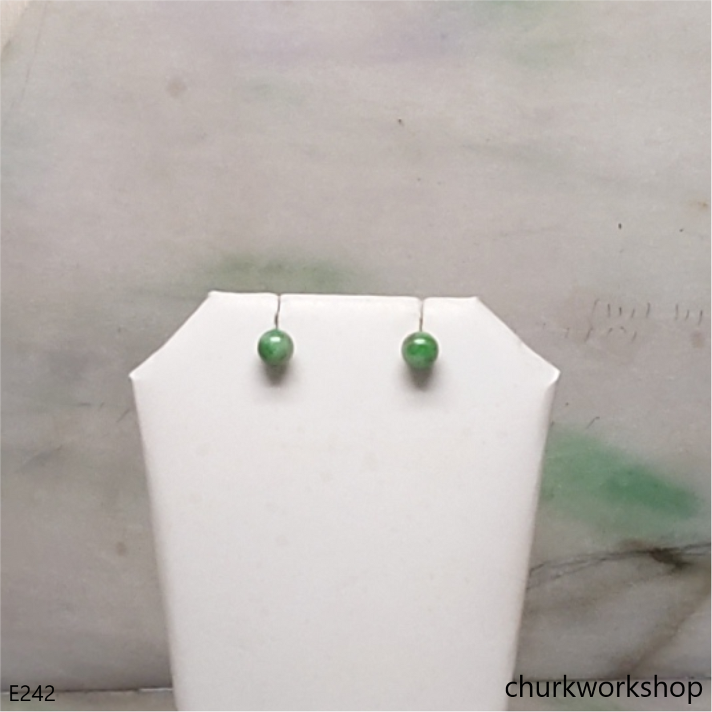 Green jade bead silver ear studs