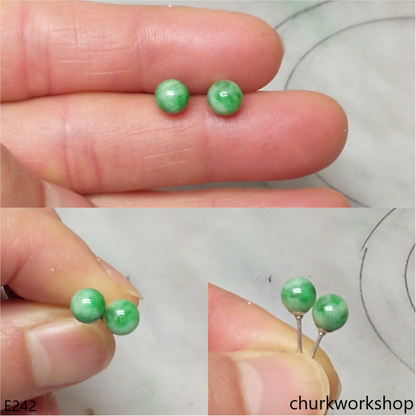 Green jade bead silver ear studs