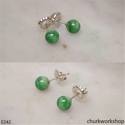 Green jade bead silver ear studs