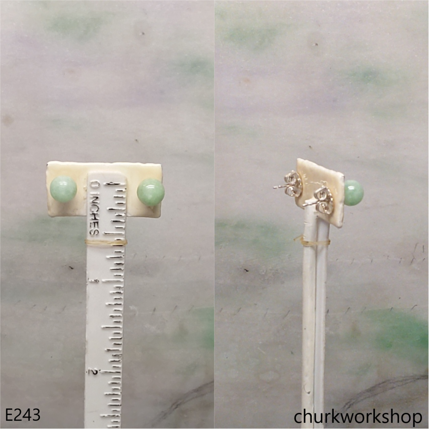 Light green jade bead silver ear studs