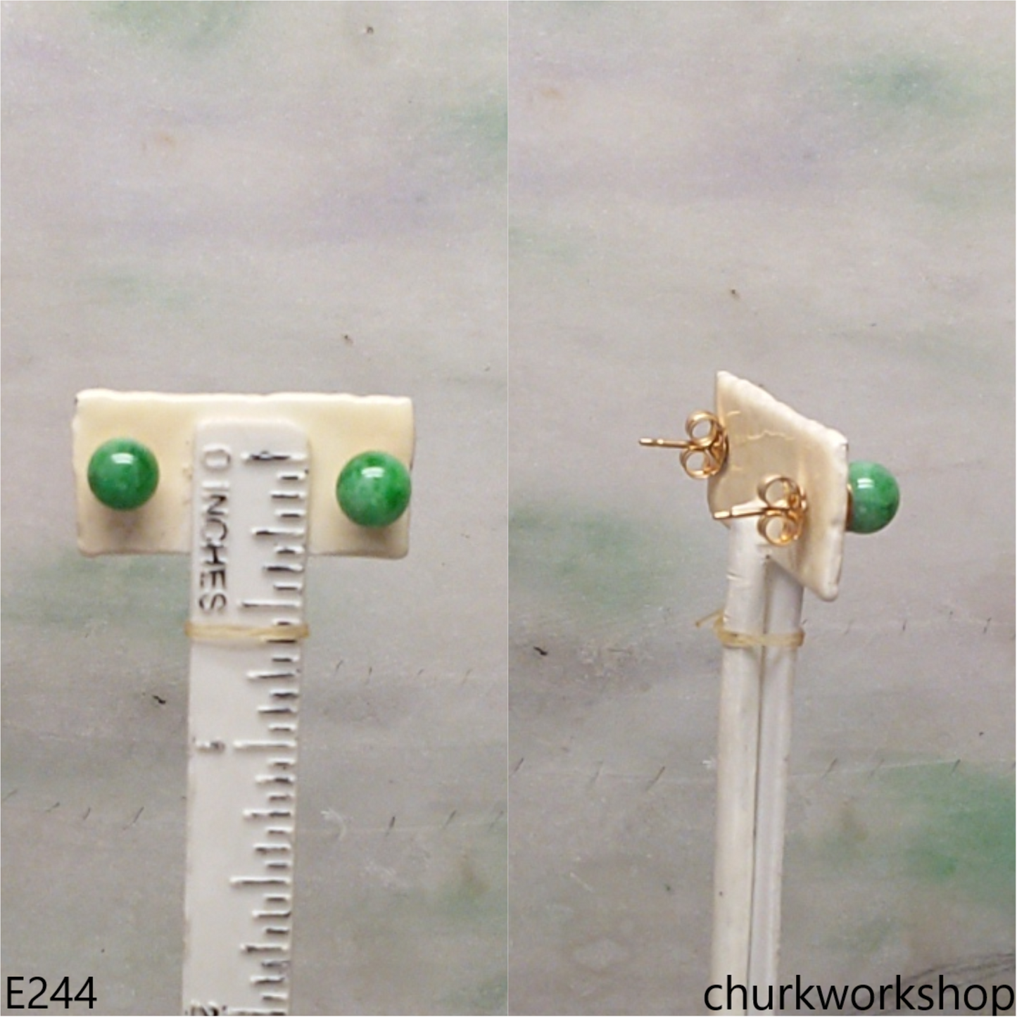 Green jade bead ear studs set with 14K gold filled