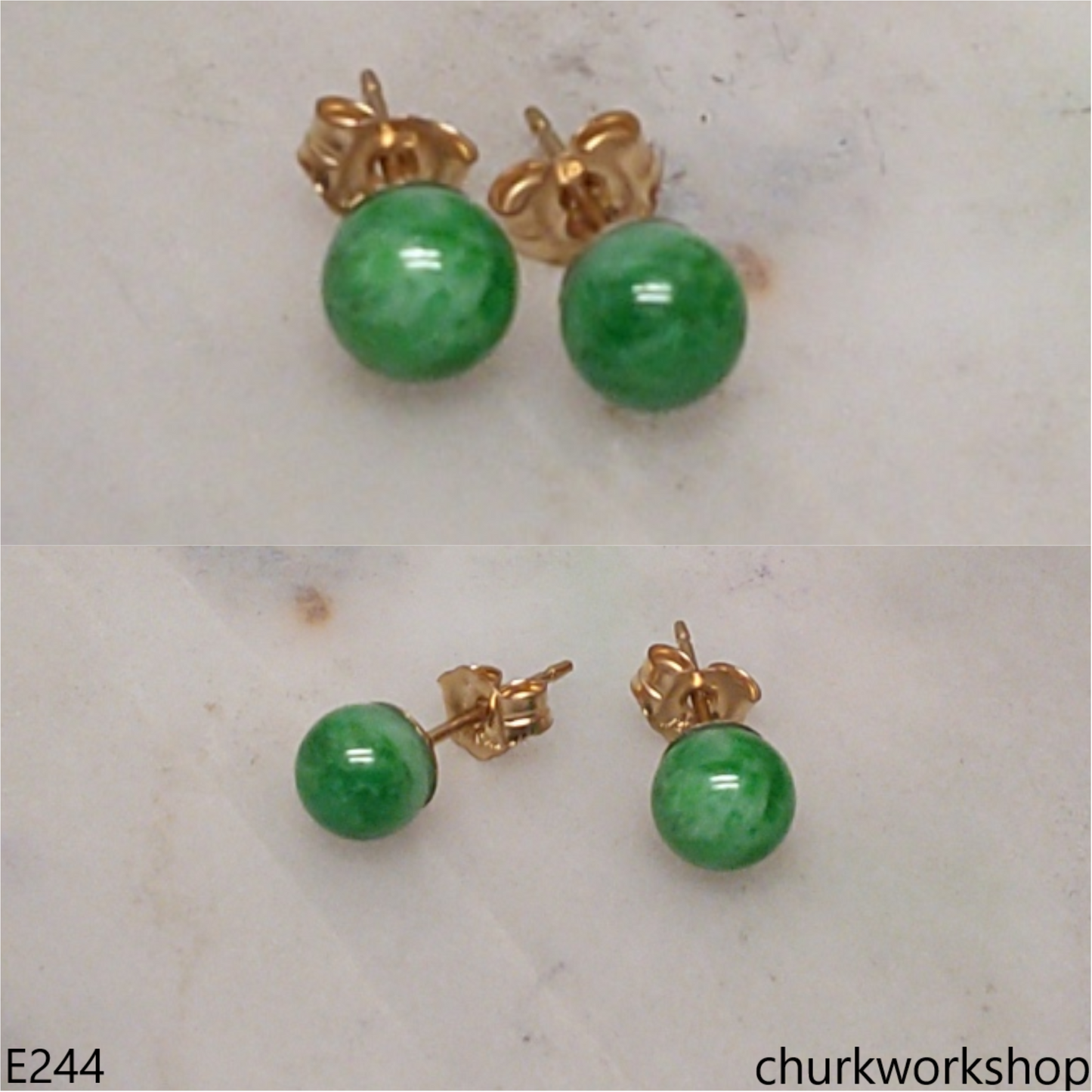Green jade bead ear studs set with 14K gold filled