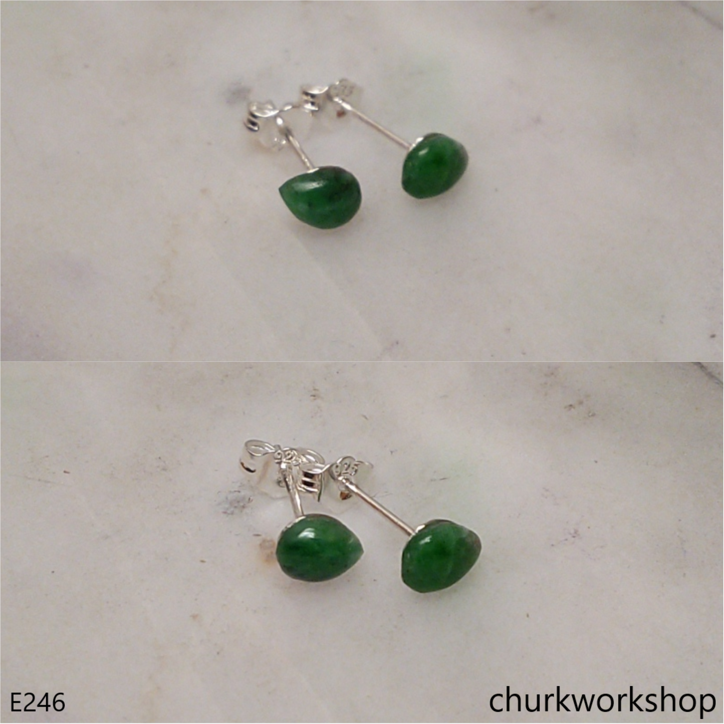 Dark green jade ear studs