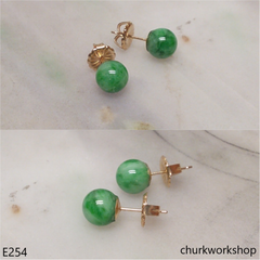 Green jade bead ear studs set with 14K gold