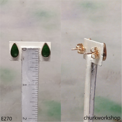 Green jade ear studs 14K yellow gold