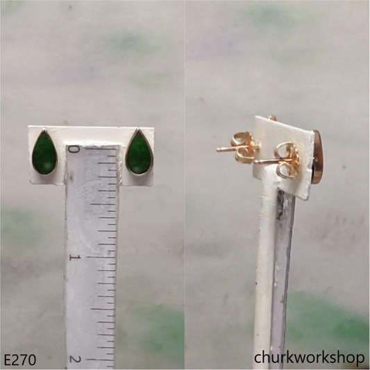Green jade ear studs 14K yellow gold