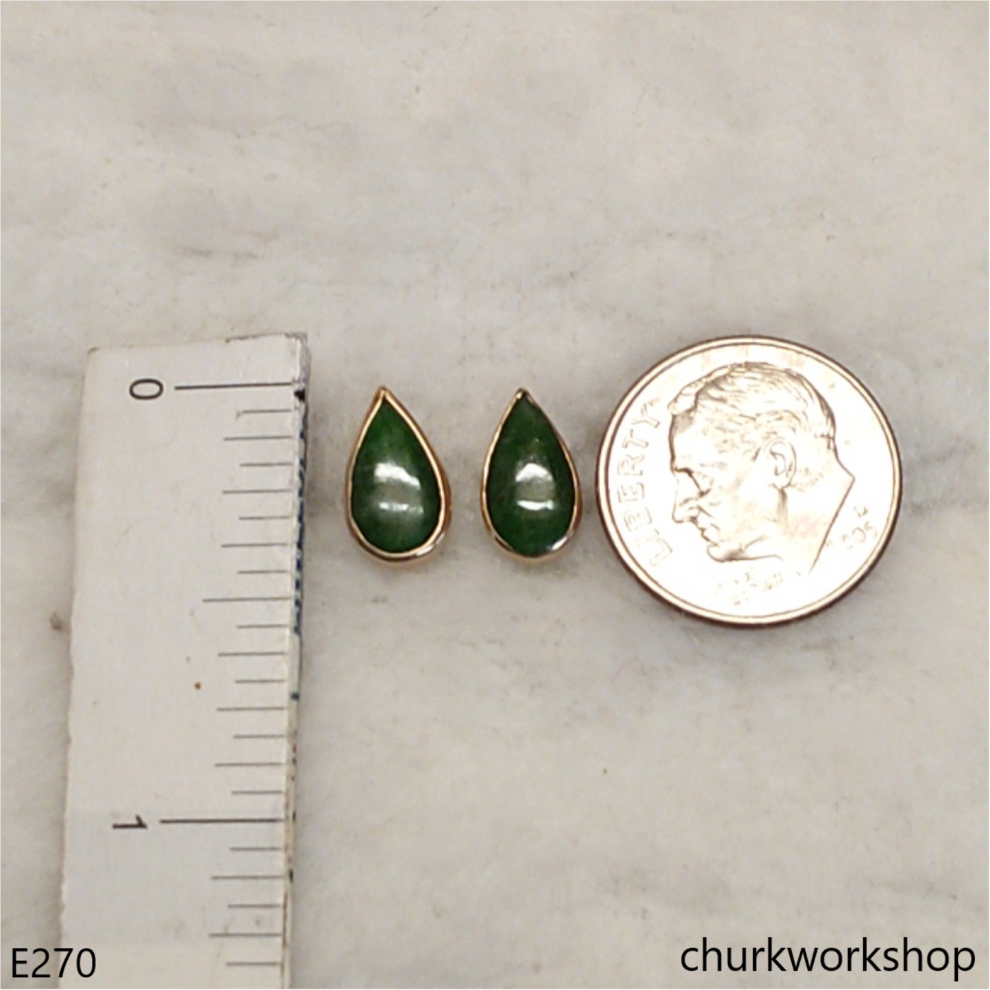 Green jade ear studs 14K yellow gold