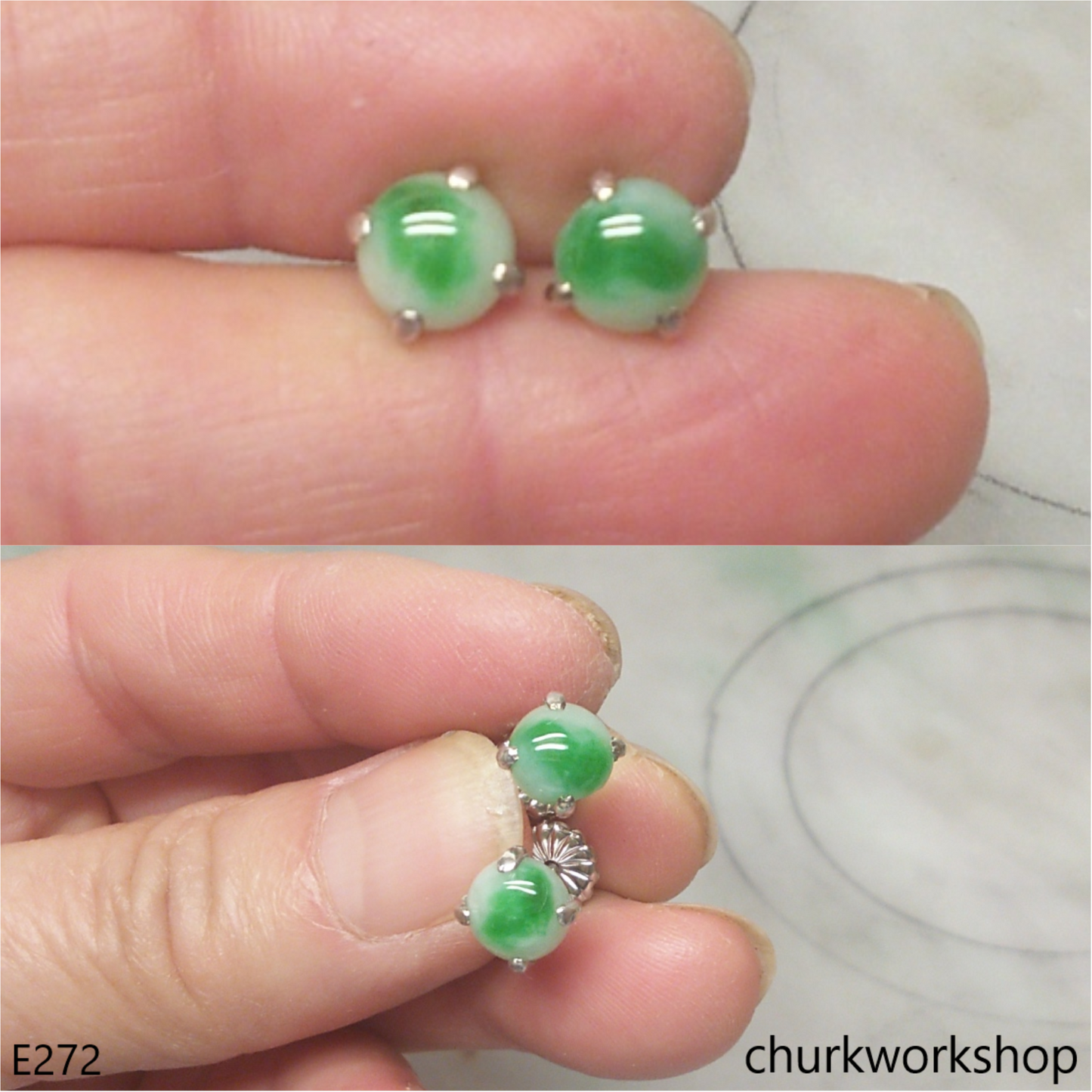 Green jade sterling silver ear studs