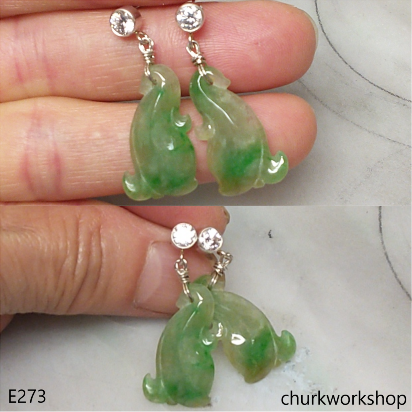 Green mix yellowish jade carving earrings