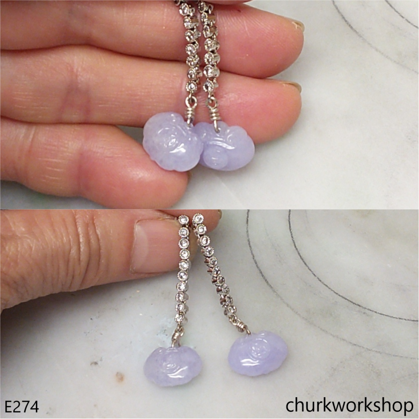 Reserved  Lavender carved jade earrings