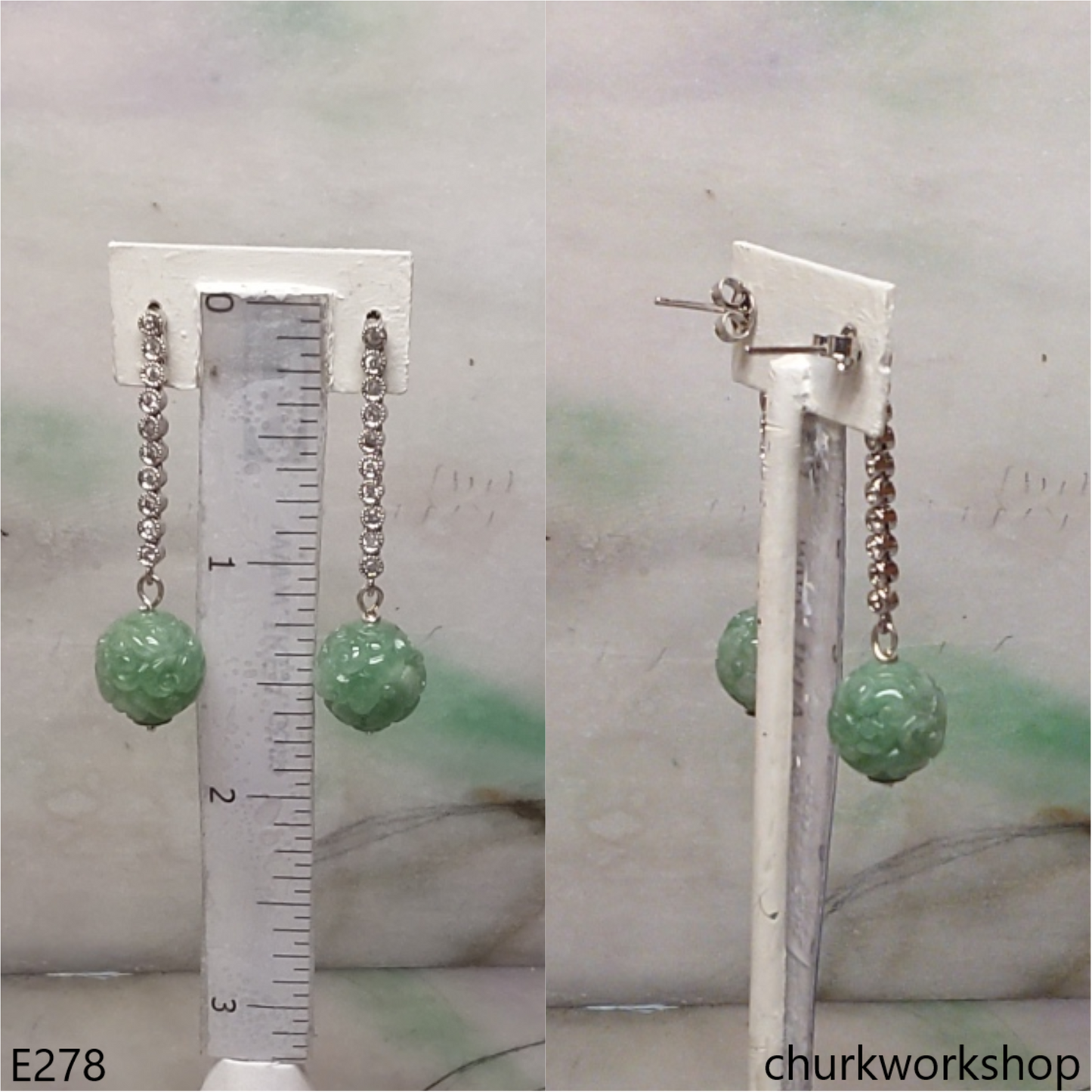 Green carved beads jade earrings