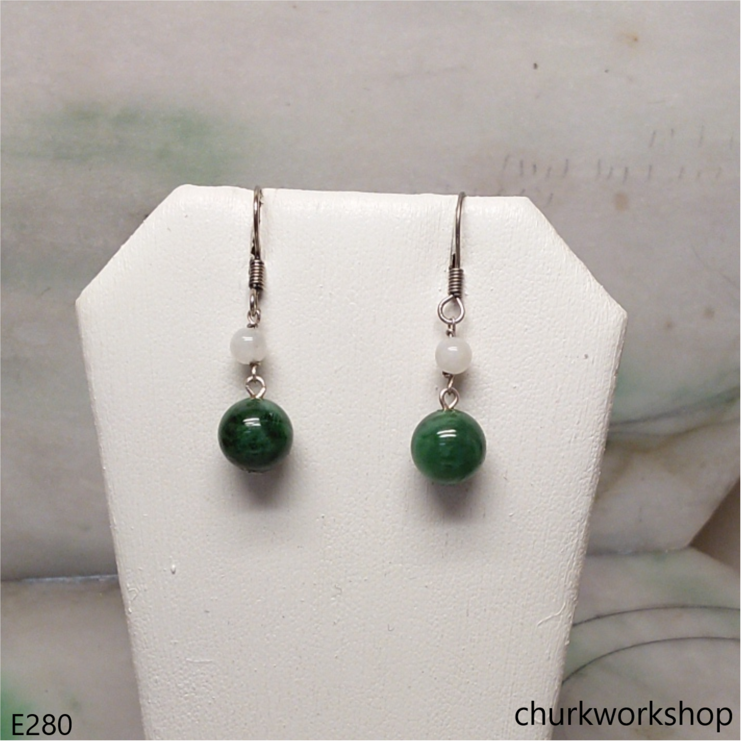 Dark green jade bead earrings sterling silver
