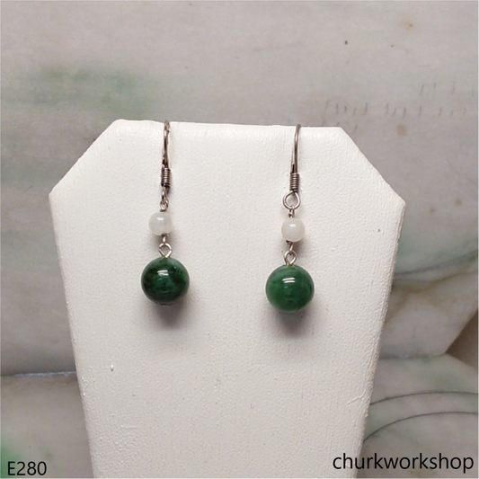 Dark green jade bead earrings sterling silver