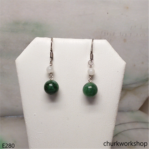 Dark green jade bead earrings sterling silver