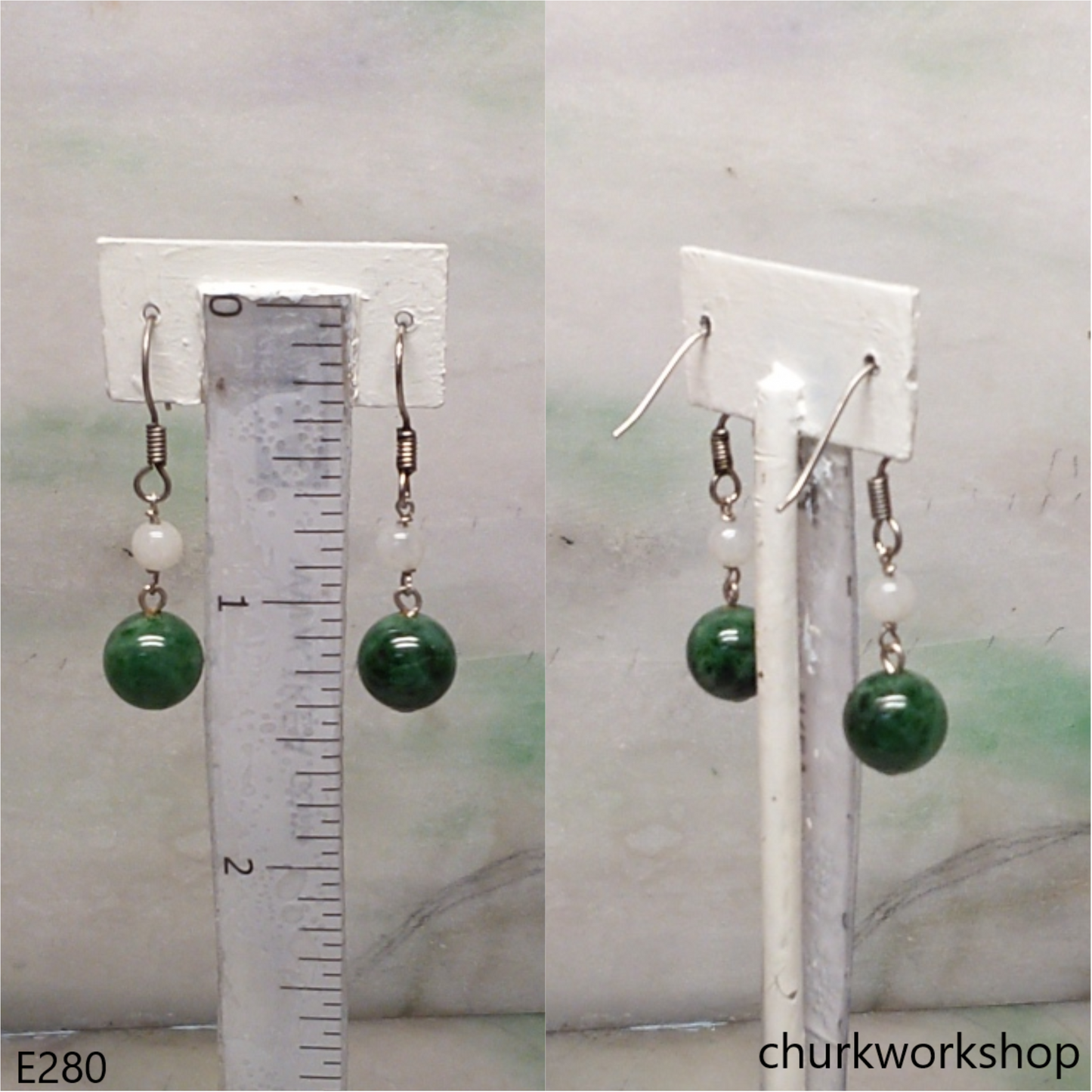 Dark green jade bead earrings sterling silver