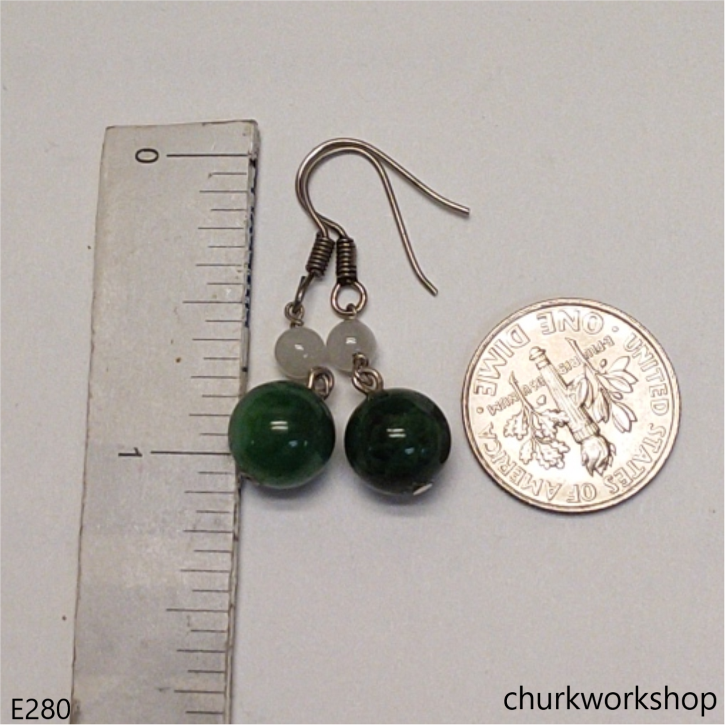 Dark green jade bead earrings sterling silver