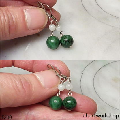 Dark green jade bead earrings sterling silver