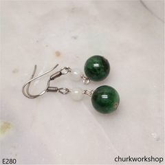 Dark green jade bead earrings sterling silver