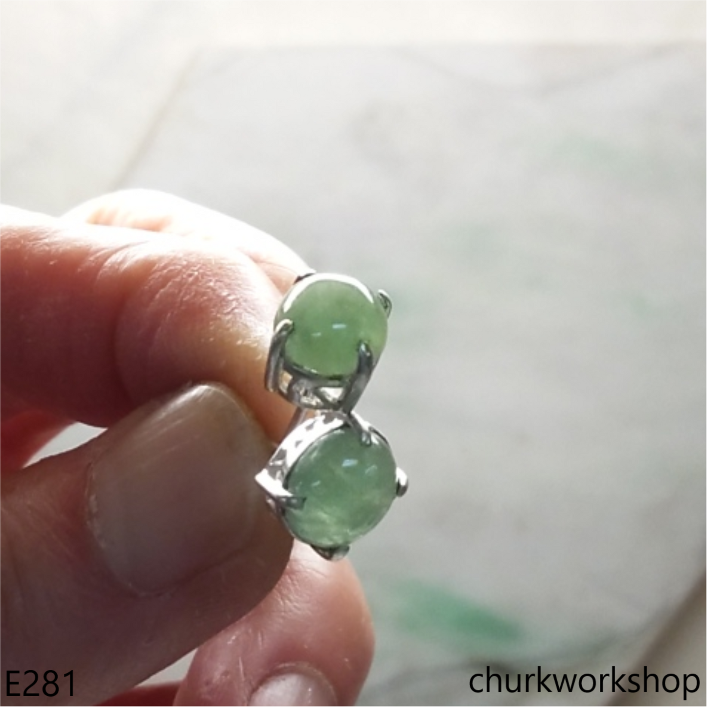 Light green oval jade ear studs