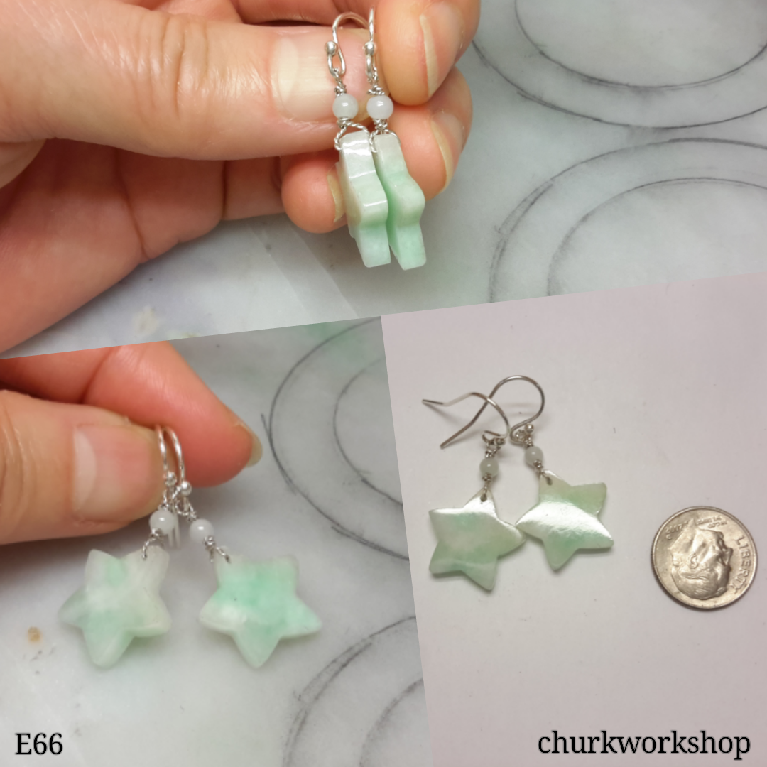Reserved    Light green star dangling jade silver earrings