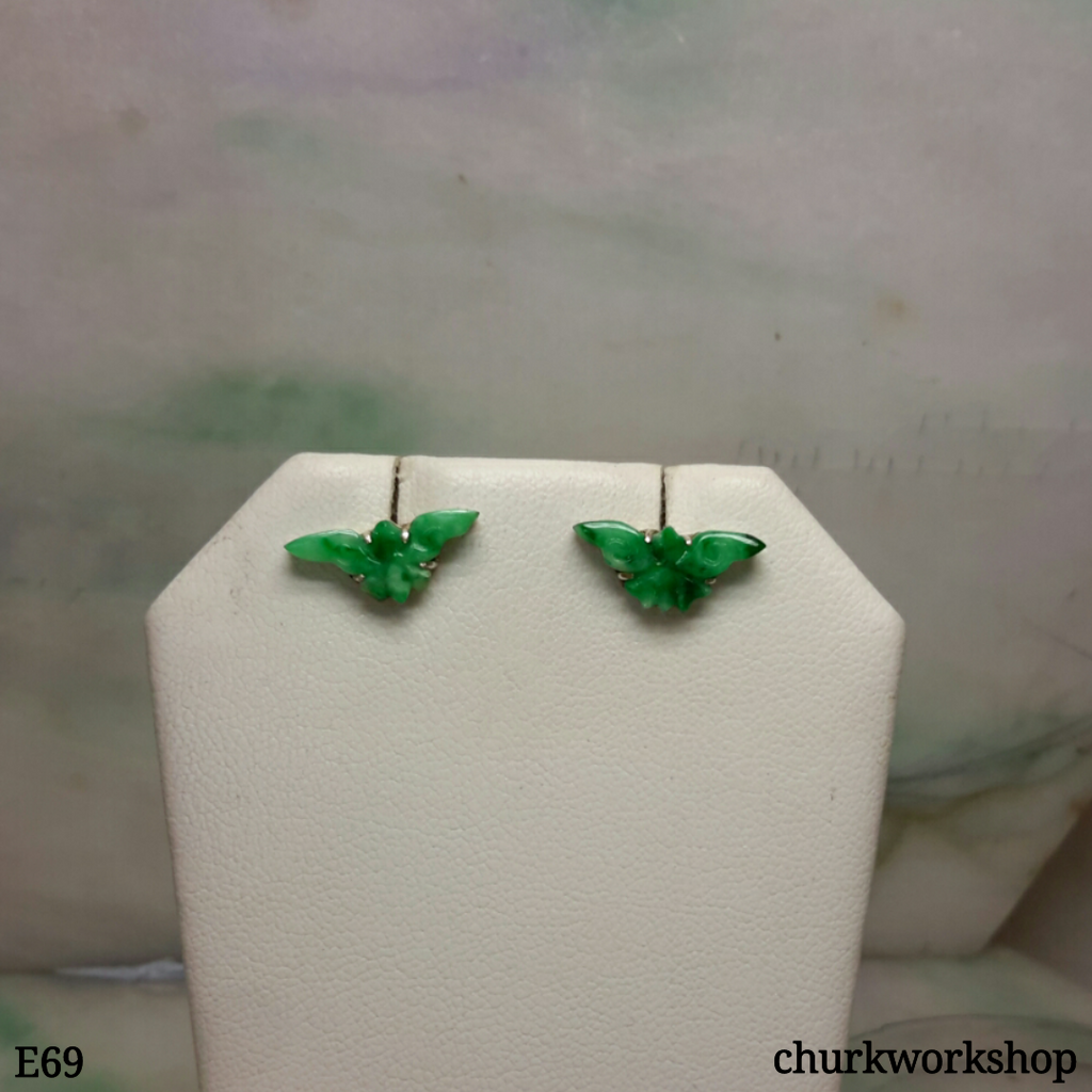 Green jade butterfly ear studs sterling silver