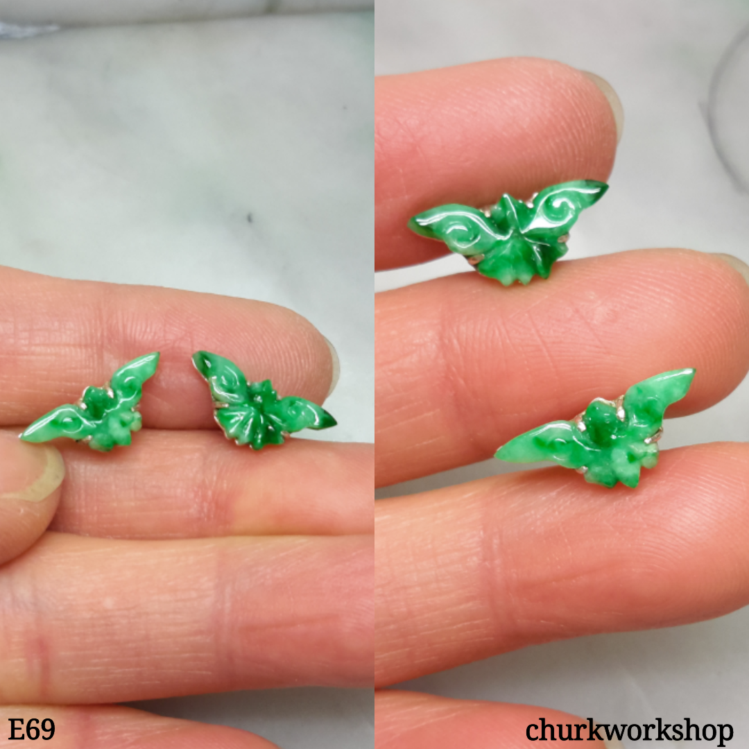 Green jade butterfly ear studs sterling silver