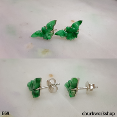 Green jade butterfly ear studs sterling silver