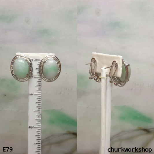 Light green jade cabochon 14K white gold ear studs