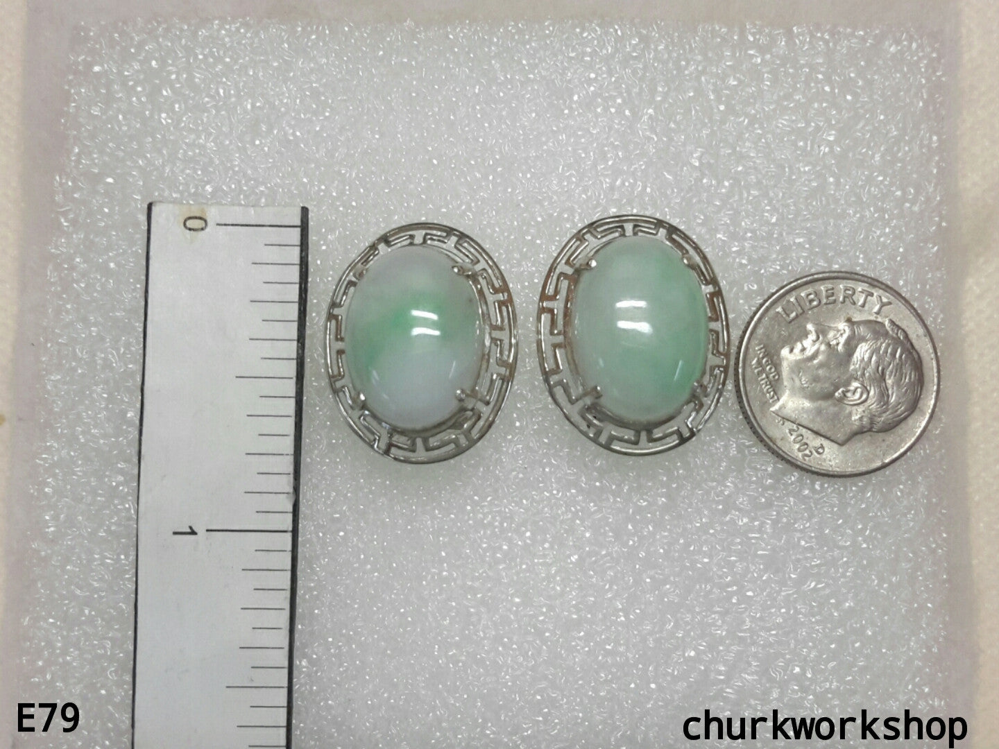 Light green jade cabochon 14K white gold ear studs