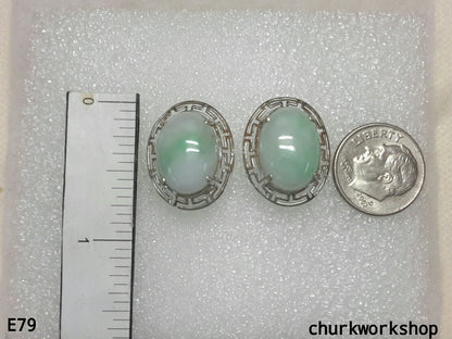 Light green jade cabochon 14K white gold ear studs