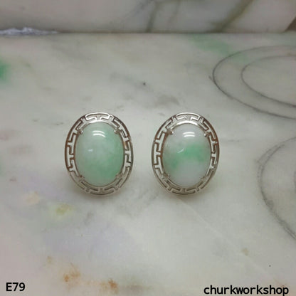 Light green jade cabochon 14K white gold ear studs