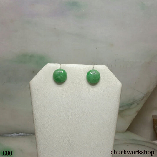 Green round half ball jade silver ear studs