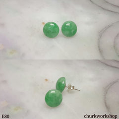 Green round half ball jade silver ear studs