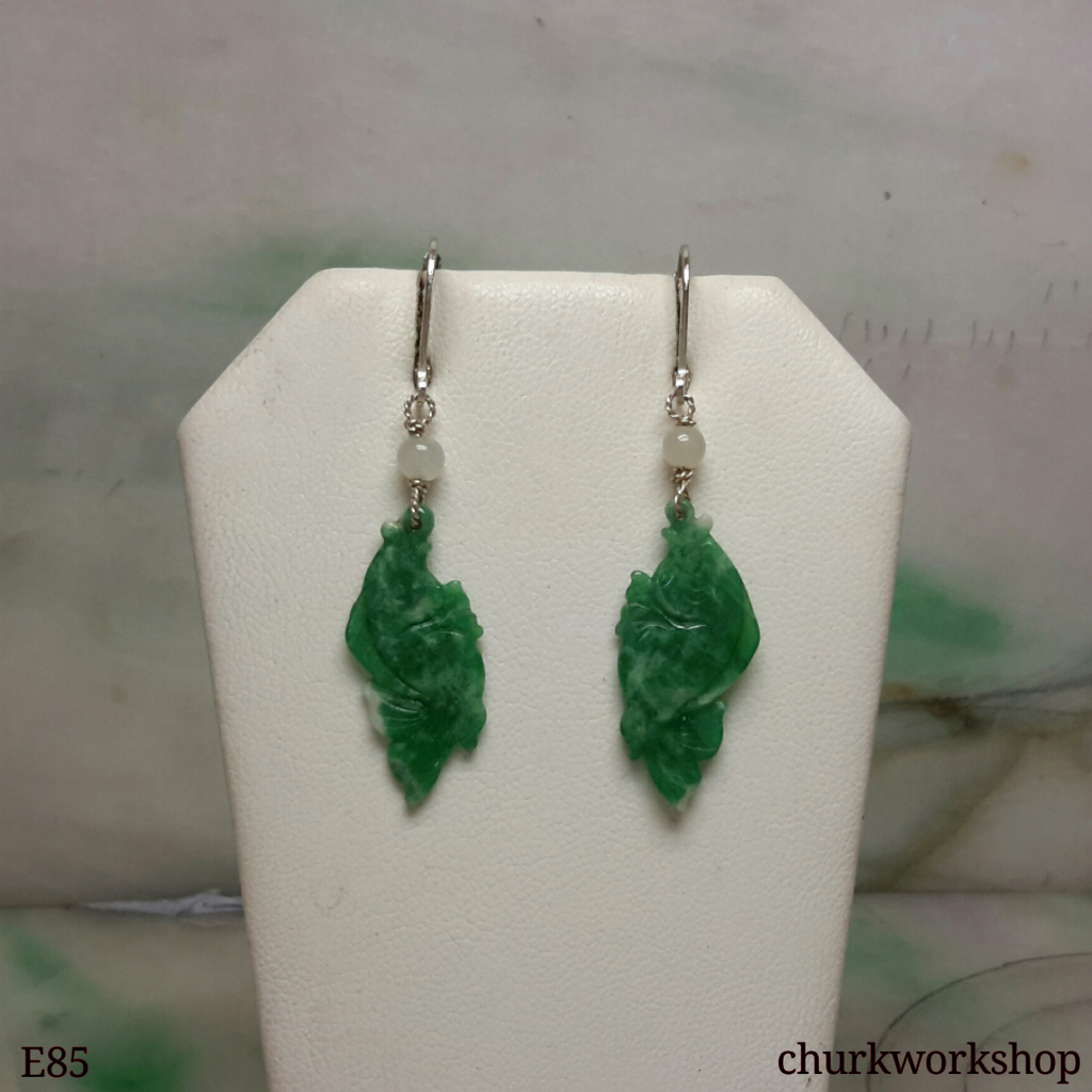 Green jade fishes earrings, dangling jade earrings