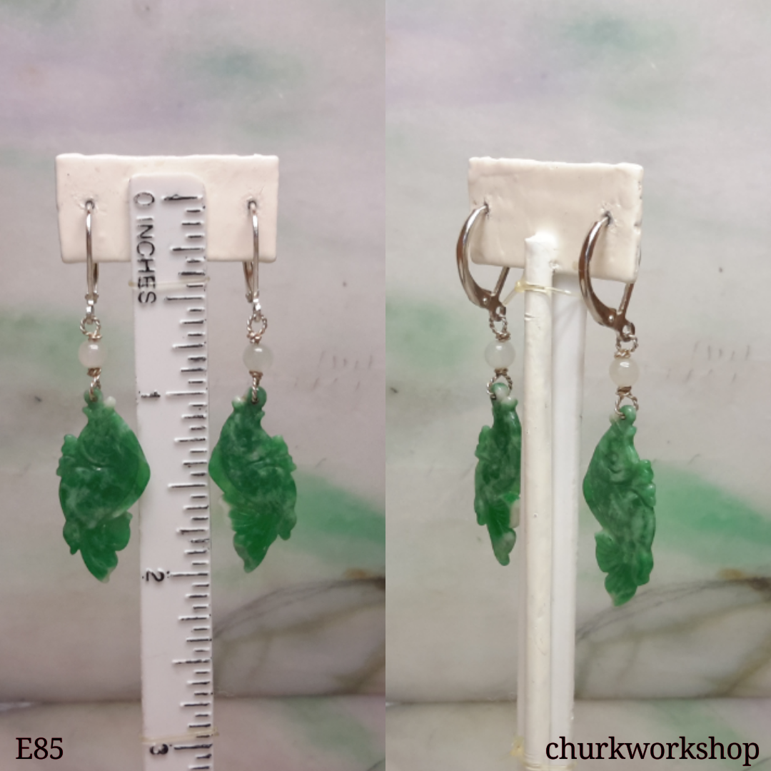 Green jade fishes earrings, dangling jade earrings