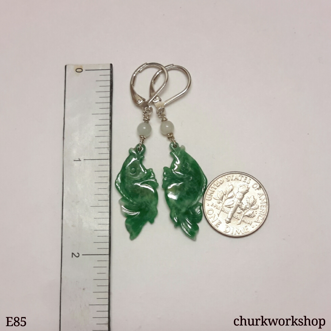 Green jade fishes earrings, dangling jade earrings