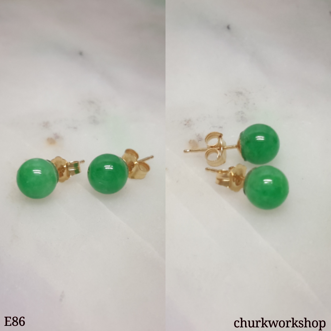 14K yellow gold green jade bead ear studs
