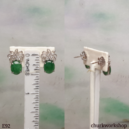 14K Oily green jade cabochon ear studs