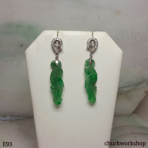14K green jade parrot earrings
